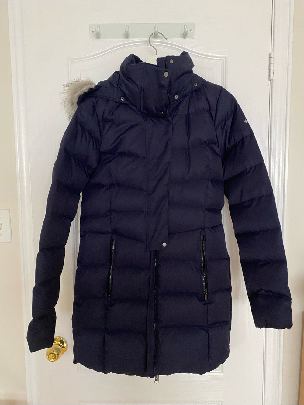 Columbia Insulated Navy Long Puffer Coat with Faux-Fur Trim Hood (New)